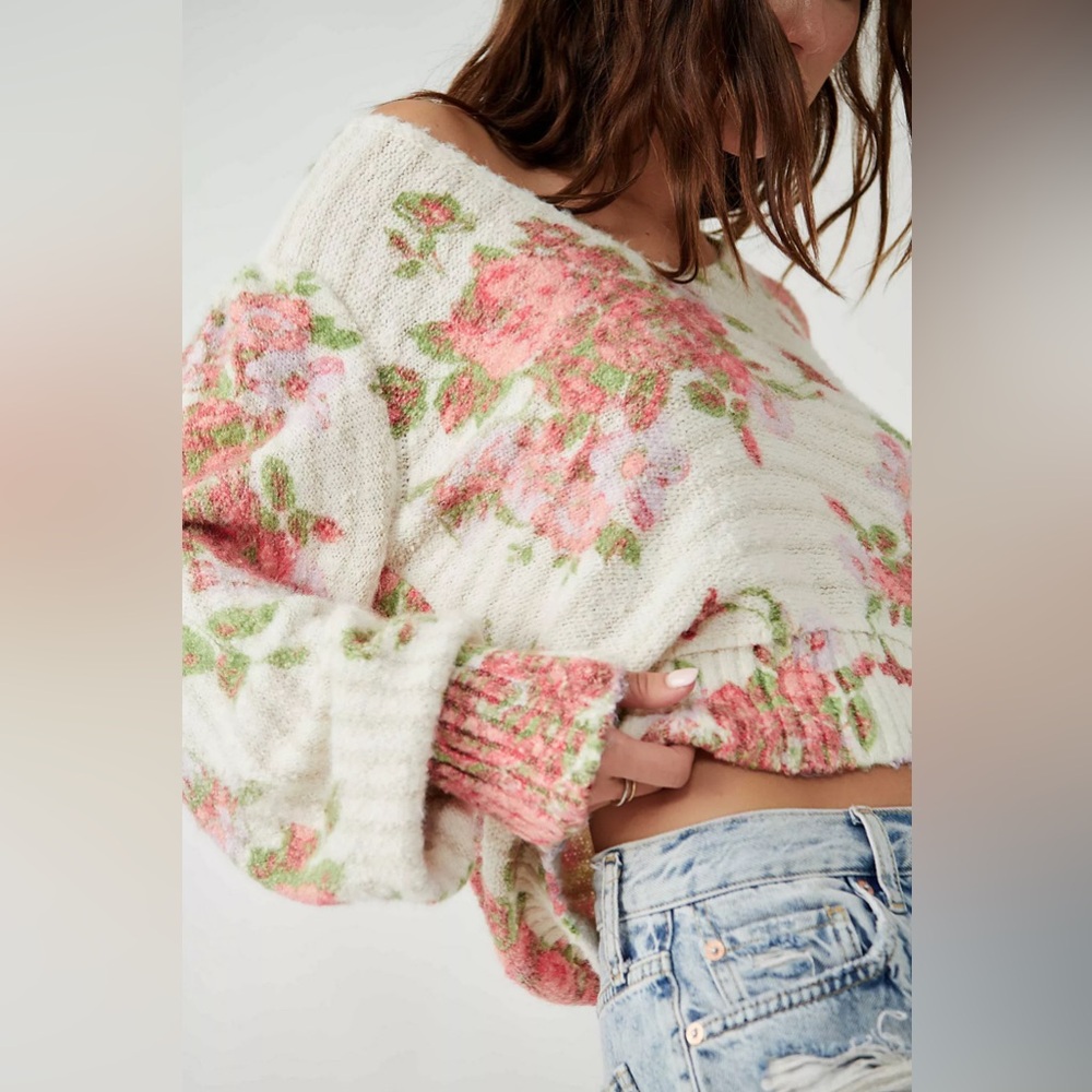 Free People Cream Floral Off-Shoulder Cropped Sweater with Pink & Green Accents